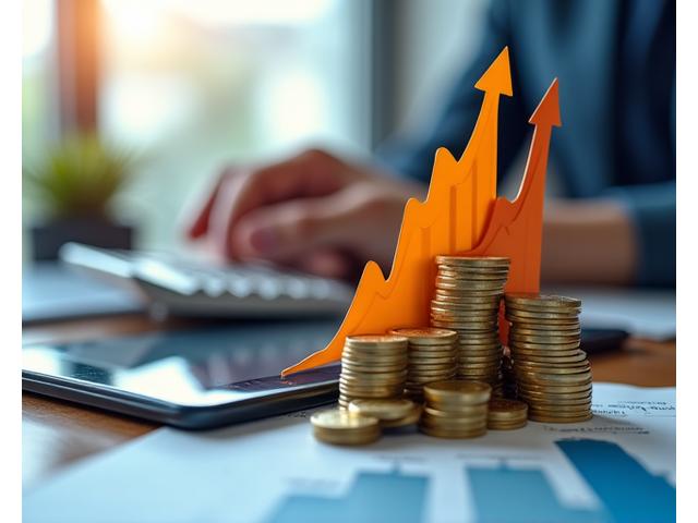 Gráficos financieros ascendentes junto a una calculadora y monedas, simbolizando la optimización fiscal y el ahorro para propietarios.