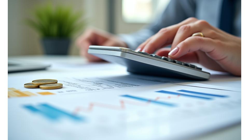 Una mano utilizando una calculadora moderna sobre documentos de inversión y gráficos de bienes raíces, simbolizando la precisión en el cálculo de impuestos inmobiliarios.