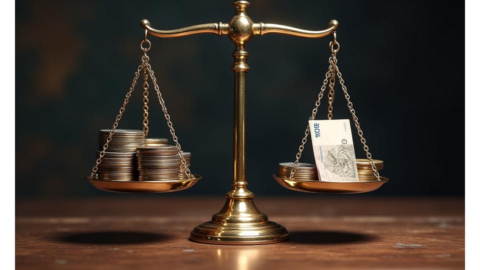 Una balanza desequilibrada con una gran pila de monedas en un lado y una pequeña nota de dinero en el otro, simbolizando las graves consecuencias financieras del incumplimiento fiscal.