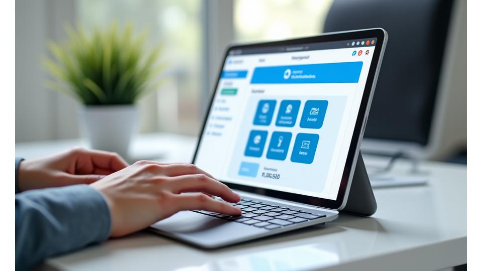 Una persona interactuando con una tablet que muestra iconos de aplicaciones fiscales y gráficos financieros, simbolizando la automatización y gestión digital de los impuestos, en un entorno moderno y eficiente.