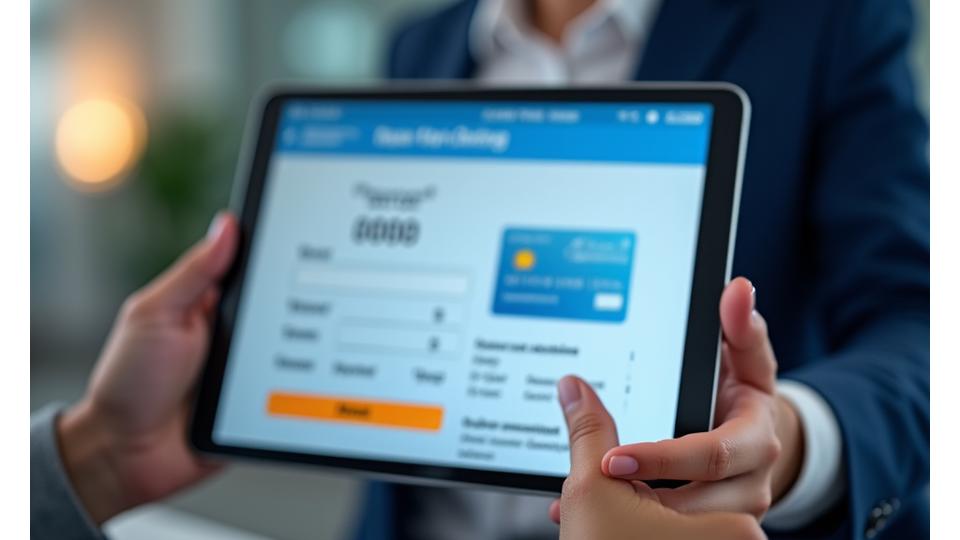 Interfaz de una plataforma de banca online con un formulario de pago, mostrando un proceso claro y seguro para la gestión financiera, en tonos azules y blancos.