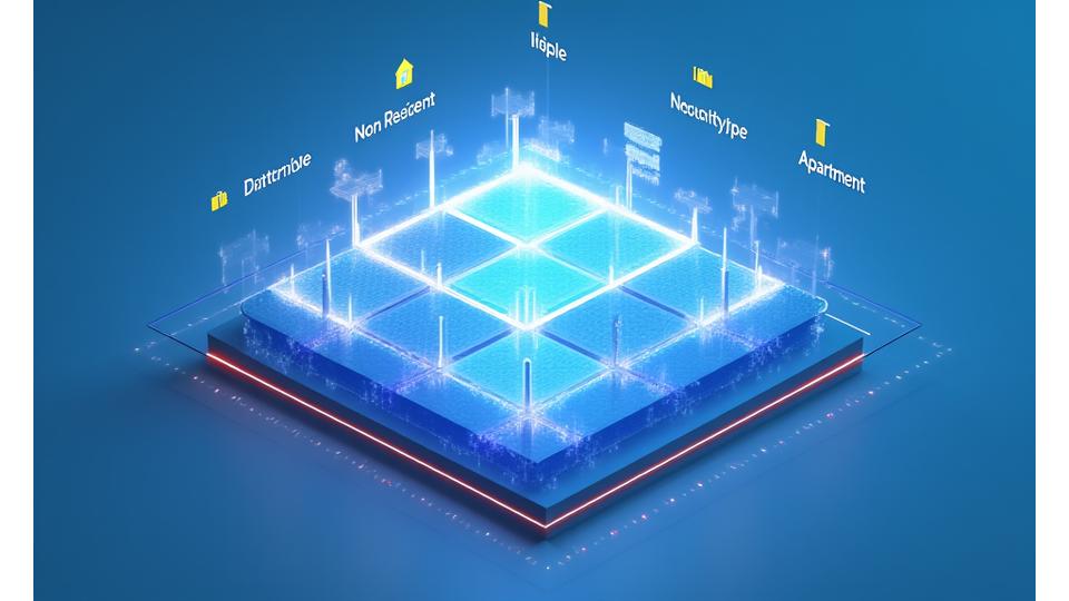 Representación visual de una matriz de decisión, con íconos para residentes y no residentes, y diferentes tipos de propiedades o usos, ilustrando la complejidad de las obligaciones fiscales.