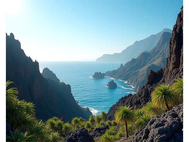 Paisaje volcánico de Canarias con palmeras y mar, sugiriendo un paraíso fiscal.