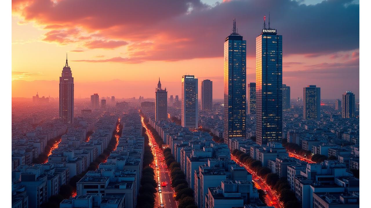 Skyline moderno de Madrid al atardecer, simbolizando la prosperidad económica y las oportunidades fiscales.