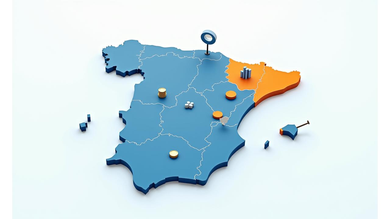 Mapa interactivo de España con distintas Comunidades Autónomas coloreadas según su carga fiscal inmobiliaria.
