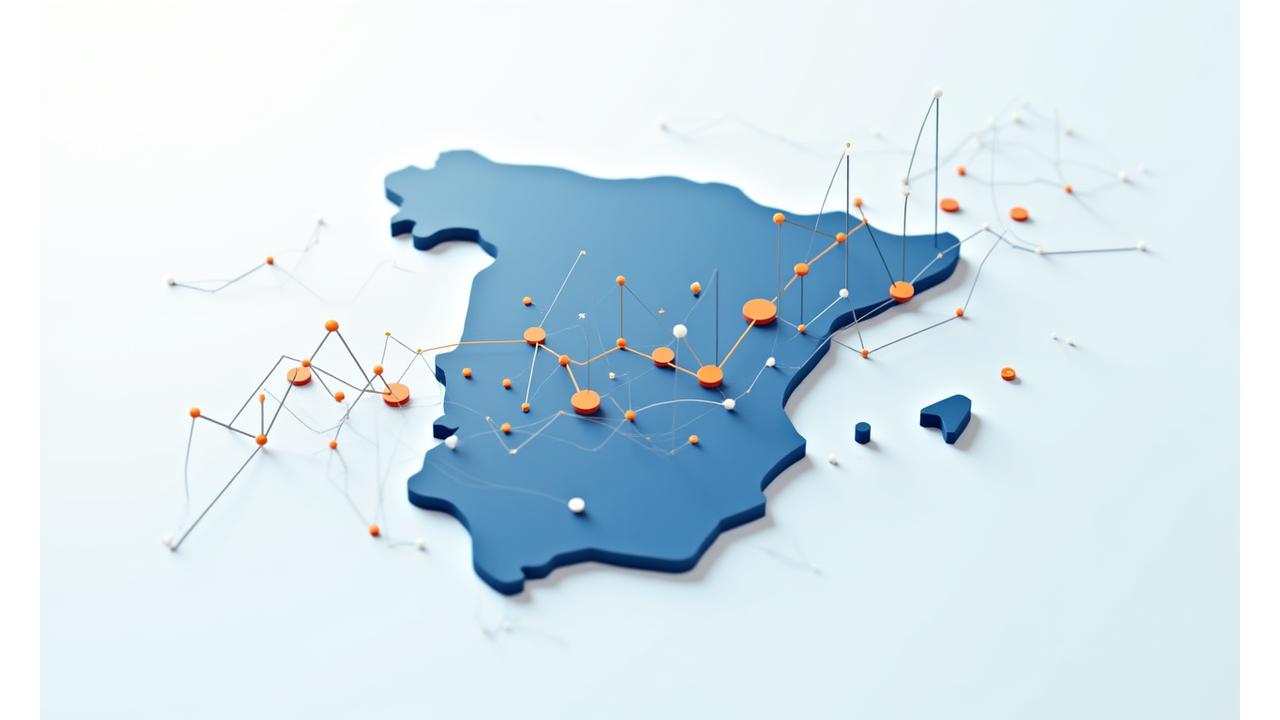 Gráfico de líneas ascendentes y descendentes sobre un mapa de España, simbolizando la evolución y las tendencias fiscales regionales.