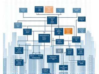 Gráfico detallado de una estructura societaria con nodos interconectados (empresas holding, filiales, vehículos de inversión) sobre un fondo de cityscape, representando la complejidad y las ventajas de la inversión corporativa en bienes inmuebles en España.