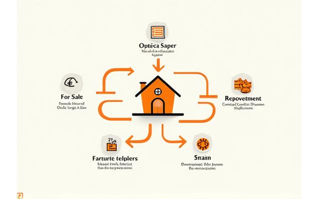 Gráfico de flujo con flechas ascendentes y descendentes, mostrando opciones de venta de propiedad, reinversión y repatriación de fondos, con iconos de impuestos y dinero, para inversores extranjeros en España.