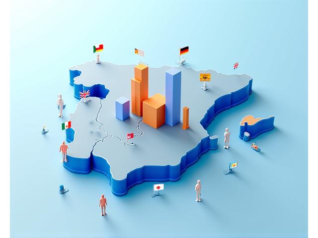Mapa de España con gráficos de inversión extranjera y banderas de países, superpuesto con elementos fiscales y gráficos de crecimiento, ilustrando la guía fiscal para compradores extranjeros.