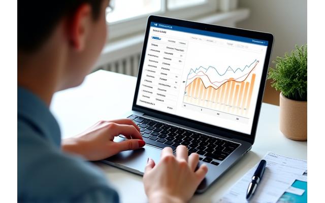 Persona sentada frente a un ordenador portátil con gráficos financieros optimizados y documentos fiscales, simbolizando la optimización de ingresos por alquiler de una propiedad en España para no residentes.