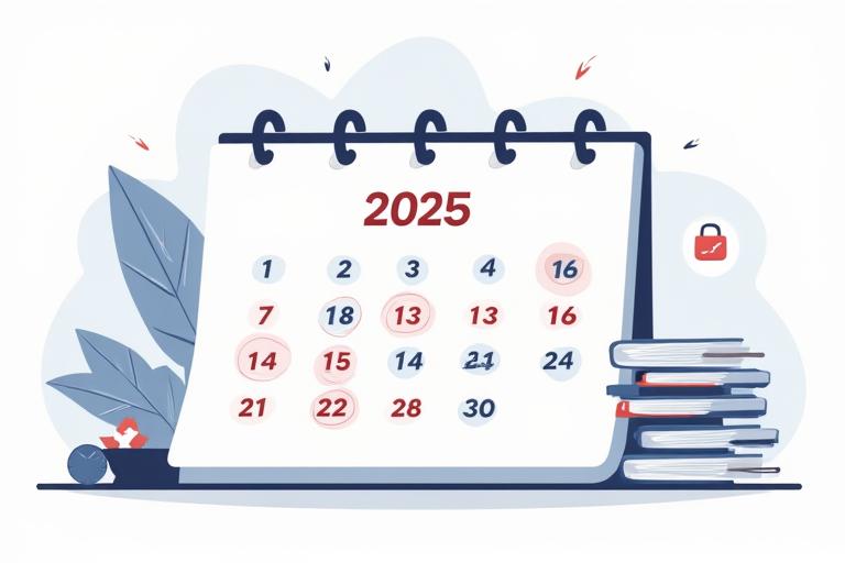 Ilustración de un calendario fiscal con fechas importantes destacadas y elementos legales, simbolizando la importancia de los plazos.