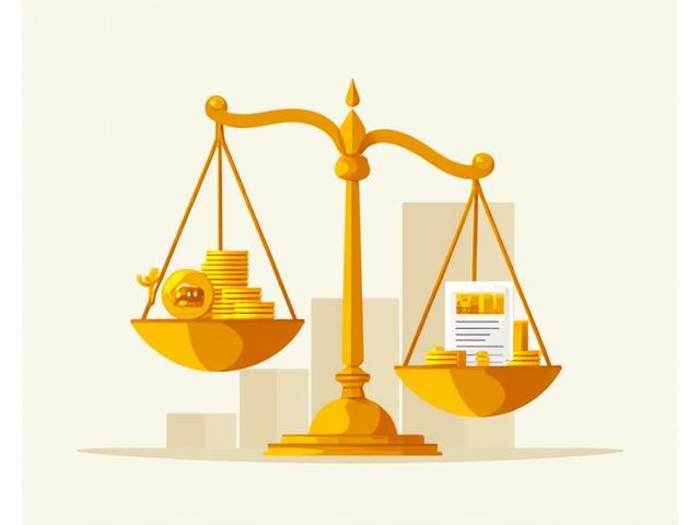 Representación visual de la balanza fiscal y cálculo del patrimonio con iconos financieros.