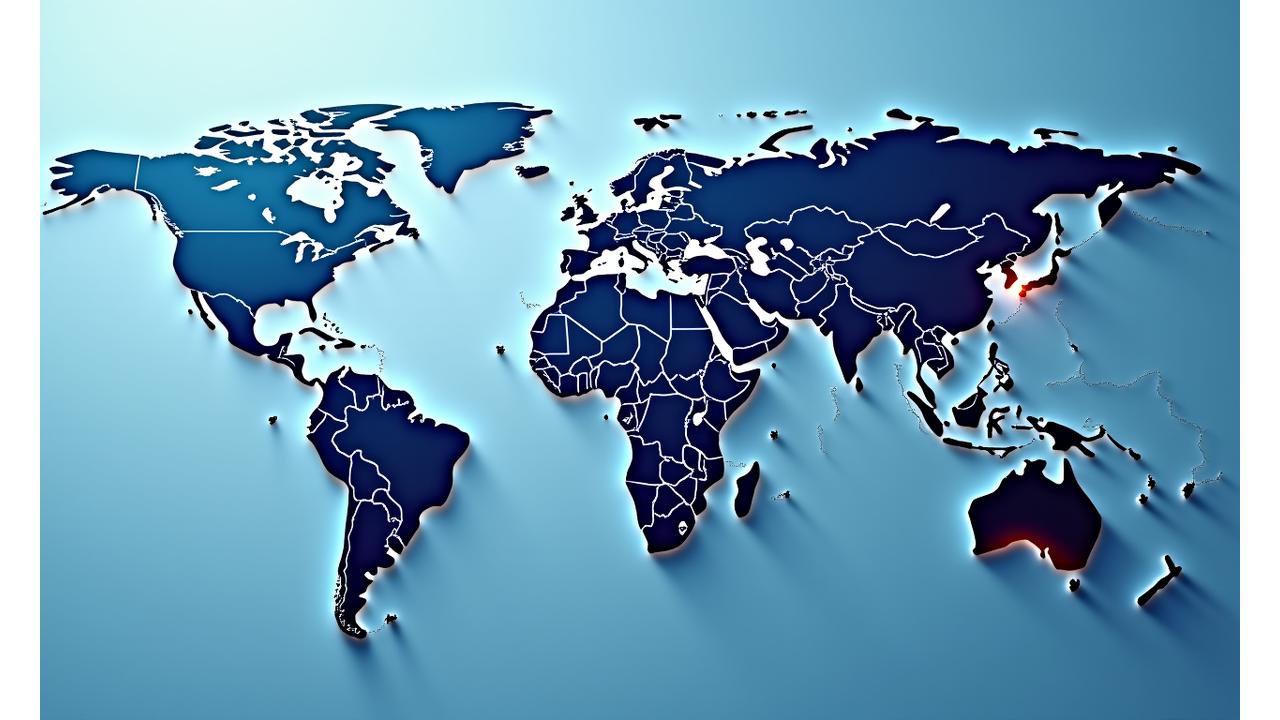 Mapa mundial con puntos de interés sobre España, destacando rutas financieras.