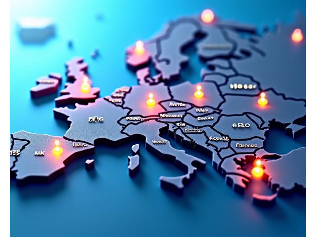 Mapa interactivo de Europa destacando países con diferentes banderas y puntos de información.