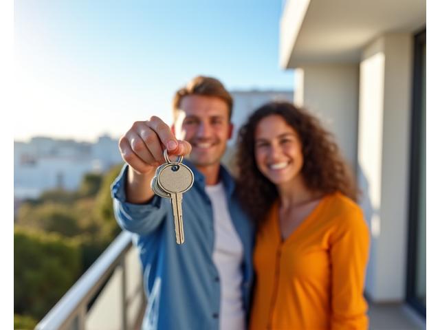Pareja extranjera feliz sosteniendo llaves de su nueva propiedad en España, con abogado fiscal