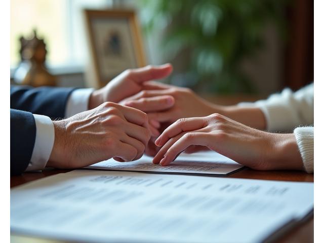 Manos de dos personas mayores revisando documentos legales importantes sobre una mesa de madera