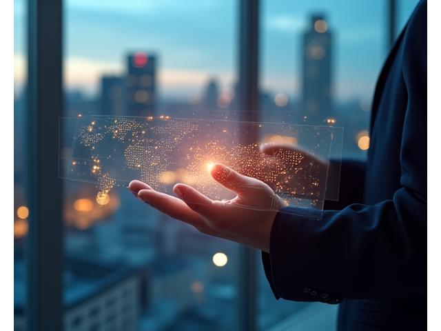Profesional analizando gráficos financieros y cityscape español de fondo, representando inversiones inmobiliarias