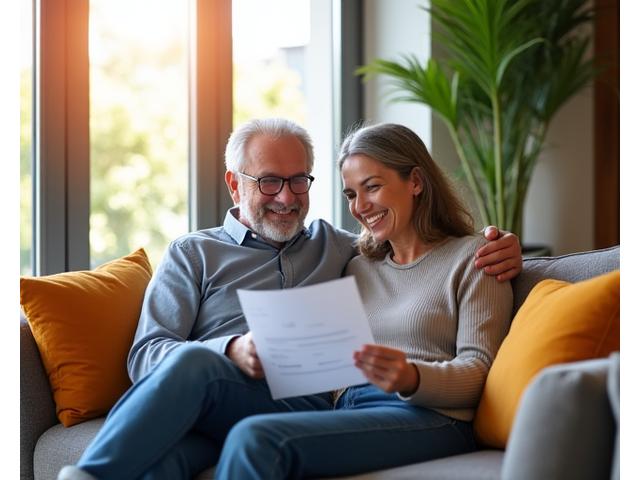 Familia española sonriente revisando documentos fiscales en su moderno salón