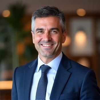 Retrato profesional de un asesor fiscal, sonriente y confiable, con un fondo de oficina moderna y discreta.