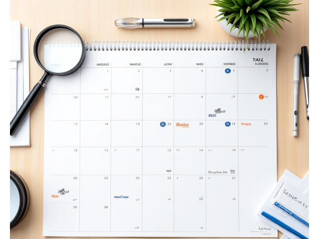 Calendario con fechas importantes marcadas, junto a una lupa y documentos fiscales