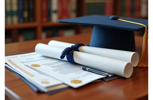 Diplomas y certificados apilados con un ligero desenfoque