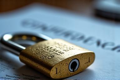 Un candado metálico pulido sobre documentos fiscales borrosos, simbolizando la protección de datos y el secreto profesional en el asesoramiento fiscal.